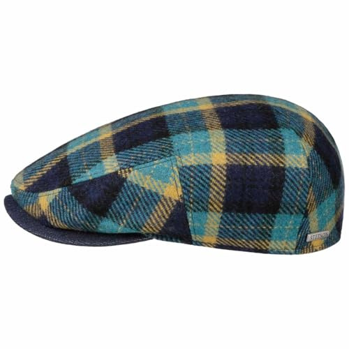 Stetson Genola Wool Check Flatcap Karomuster Klassische Schiebermütze Baumwollfutter Made in EU Herren Herbst Winter blau XL (60-61 cm)