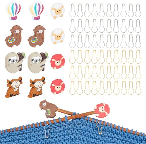NBEADS 12 Stück Schaf-Stricknadelstopper, Heißluftballon-/Faultier-/Alpaka-Nadelspitzenschutz Mit 60 Stück Sicherheitsbirnennadeln Birnenförmige Stricknadeln Zum Stricken Häkeln Nähen