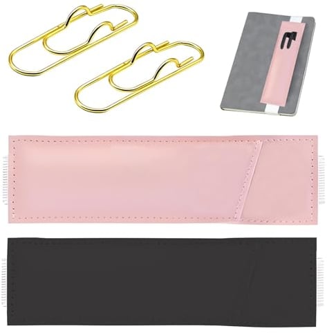 Vigorola 2pcs Pen Holder for Notebook with 2pcs Metal Pen Clips and Adjustable Elastic Band, Journal Pencil Sleeve Pouch for Notebook/Planners/Binders/Books(Black+Pink,Size:17x4.5cm)