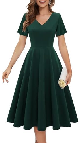 Bridesmay Women's Semi-Formal Fit and Flare Dress for Wedding Party, Church, Cocktail - Flowy Modest Dark Green L