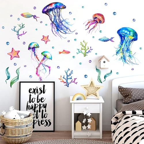 NANYU Quallen Wandaufkleber - Lebendige Meeresalgen Seestern Blasen Vinyldekoration Wandtattoo Badezimmer Fliesen Aufkleber Bad Fische Korallen See Maritim Badezimmer Deko Unterwasserwelt Bad