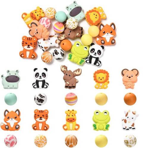 DanLingJewelry 20 Stück Mixed Styles Zoo Tier Silikon Perlen Frosch Tiger Tier Print Muster Weiche lose Perlen für Schmuckherstellung
