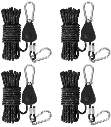Corde de Tente Réfléchissante, Lot de 4 Cordes de Tente avec Poulie, Ø4mm Longueur 4m Corde Tente Camping, avec ajusteur en Aluminium, pour Camping, Randonnée, Auvent, Tentes