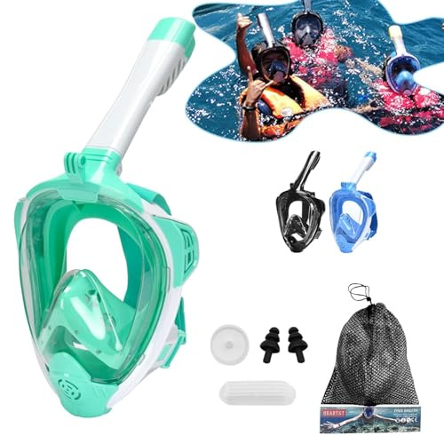 Schnorchelmaske Vollgesicht mit neuestem Dry-Top-System, Tauchmaske, 180-Grad-Panoramablick mit Kamerahalterung, Anti-Beschlag und Anti-Auslauf, für Erwachsene und Kinder, Grün, Größe S/M
