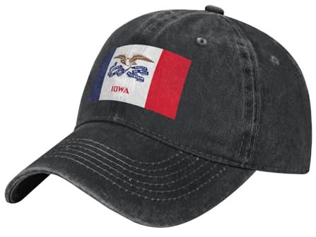 Iowa State Flag Washed Cowboy Baseball Cap für Erwachsene - Stilvolle und atmungsaktive Mütze mit verstellbarem Riemen, Schwarz, Einheitsgr��e