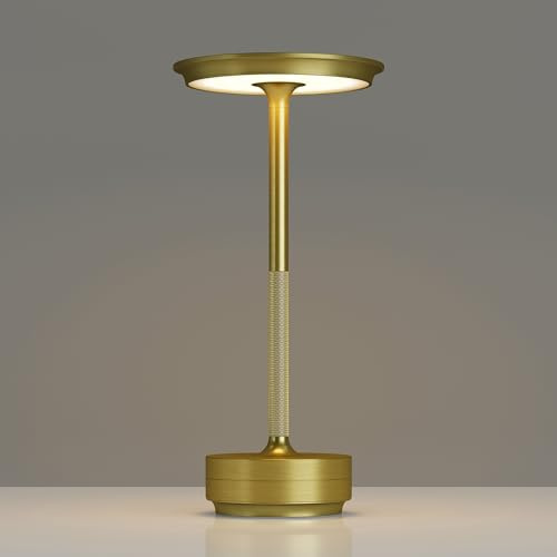TBBGA 1 Pack Cordless Table Lamps Rechargeable, Portable 5000mAh Battery Operated Lamp, 3 Color Stepless Dimming LED Table Light with Memory Function, for Outdoor/Dinner/Patio/Restaurant.(Gold)