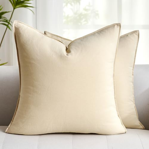 Velvhom Kissenbezug Sofakissen Baumwolle Leinen Kissenhülle Einfarbig Beige Kissen Bezug Boho Dekokissen Kissenbezüge Waschbar für Sofa Schlafzimmer Wohnzimmer 2er Set, 40x40cm