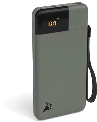 Aqiila Powerbank 10000mAh, 20W, LCD-Display, 2X USB-C, 1x USB-A, tragbares Ladegerät, Pass-Through-Laden, leicht & kompakt, Soft-Touch-Oberfläche, Powerbird Moosgrün in plastikfreier Verpackung