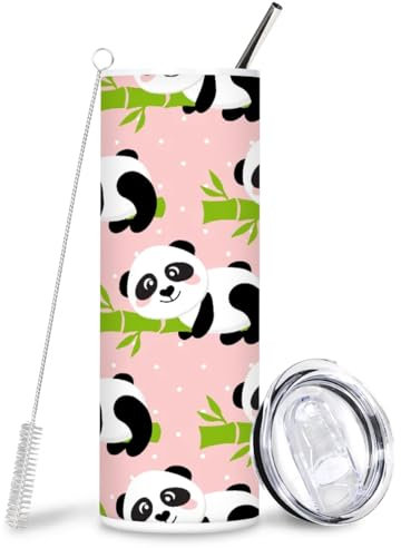 Mularoka Panda Isolierbecher aus Bambus, Edelstahl, 590 ml, doppelwandig, vakuumisoliert, mit Deckel, lässiger Isolierbecher für Zuhause, Büro, hält heiß und kalt