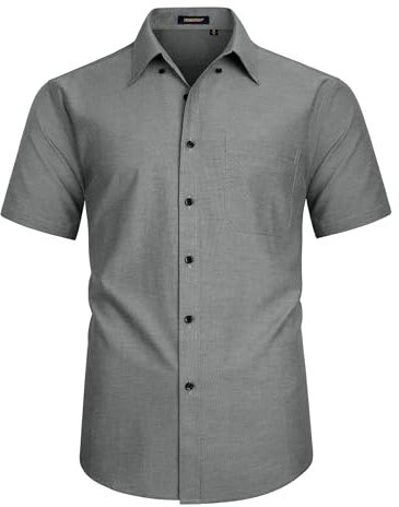 HISDERN Mens Shirt Short Sleeved Dark Grey Formal Summer Non Iron Oxford Shirts for Men Button Down Regular Fit, XL