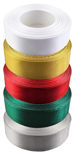 Netuno 5x Ruban de satin Blanc Or Rouge Vert Argent – 25 mm x 32 m ruban cadeau, ruban cadeau ruban pour nœud emballage ruban en tissu bijou rouleaux de satin cadeaux déco Noël ruban pour nœud