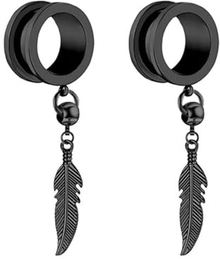 Tolldek 2pcs 12mm Ohr Plugs, Rund mit Blatt Anhänger Expander Ohr Tunnel Dehnset, Edelstahl Schwarz Ohrringe Rock für Frauen Ohr Expander Piercing Schmuck