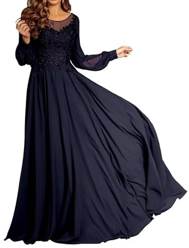 ChicFash Chiffon Mother of The Bride Dresses for Wedding Party Dress Long Sleeves Prom Dress Lace Applique Evening Dress Navy Blue