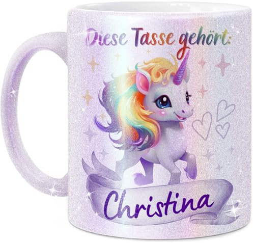 Tassenliebling® Einhorn Glitzer Tasse personalisiert - Kindertasse mit Namen für Mädchen - Perlmutt - Einhorn Geschenke - Personalisierte Geschenke Kinder - Kinderbecher aus Keramik 330ml