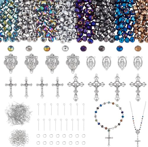 PH PandaHall 646pcs Rosenkranz-Schmuck machen Kit Gebet Herstellung Zubehör Kristallglasperlen AB Farbe Lose Perle Kreuz Anhänger für Schmuckherstellung Halskette Armband