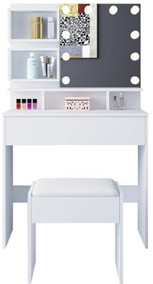 Komtopod Schminktisch mit LED-Beleuchtung, Frisiertisch mit Einstellbarem Spiegel, Kosmetiktisch mit 1 Schublade und Offenen Regalen, Moderne Holzkommode für das Schlafzimmer, 70x40x140cm, Weiß