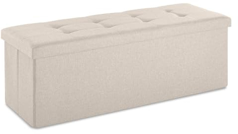 FALINGO Aufbewahrungsbank faltbar, gepolsterte Sitzmöglichkeit, Ottomane mit Stauraum, vielseitige Sitztruhe für Wohn- und Schlafzimmer (Cremeweiß, 110 cm x 38 cm x 38 cm)