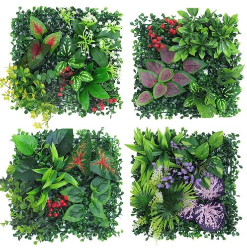 AQCQDQ Pflanzenwand Outdoor, 4 Stück Kunstpflanzen Wand, 25 x 25 cm Künstliche Pflanzen Deko für Wand, Balkon & Garten (Hybrid 08)