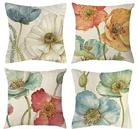Vgzsyomqib Bunt Blumen Kissenbezug Quadratisch Leinen Sofakissen Kissenbezüge 50x50 Frühling Muster Dekokissen Zierkissen 4er Set Quadrat Deko Kissenhülle für Sofa Couch Outdoor Wohnzimmer