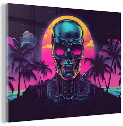 MuchoWow© Glasbilder Deko Schlafzimmer Aesthetic Wohnzimmer Glas Gemälde | 80x60 cm - Foto Geschenk Living Room Decoration Palmen - Kopf - Metallisch - Sonnenuntergang