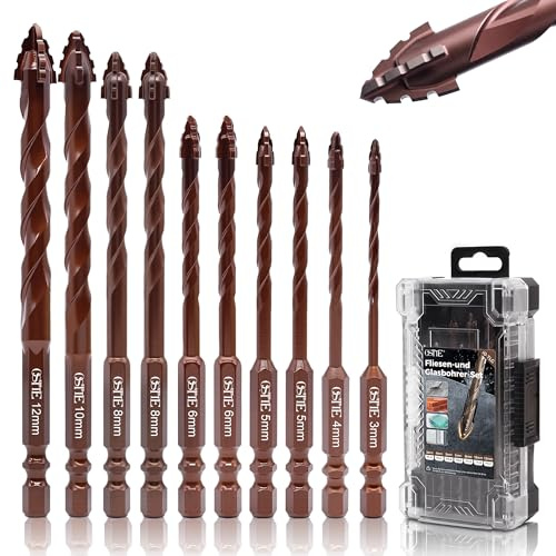 Fliesenbohrer Set 10 tlg, Steinbohrer Set mit Kobalt, Glasbohrer set 3-12mm | 6,35 mm Sechskantschaft, Vierschneidiger Sägezahn Exzenterbohrer für Keramik, Fliesen, Metall, Beton, Glas, Holz