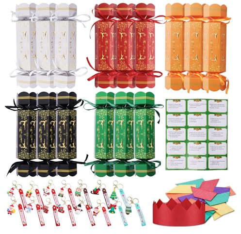 HarnyLoom 15 Stück Christmas Crackers Knallbonbons Weihnachten Weihnachtscracker Luxury mit Schlüsselanhänger Hut Witz und Weihnachts für Geschenke Weihnachts