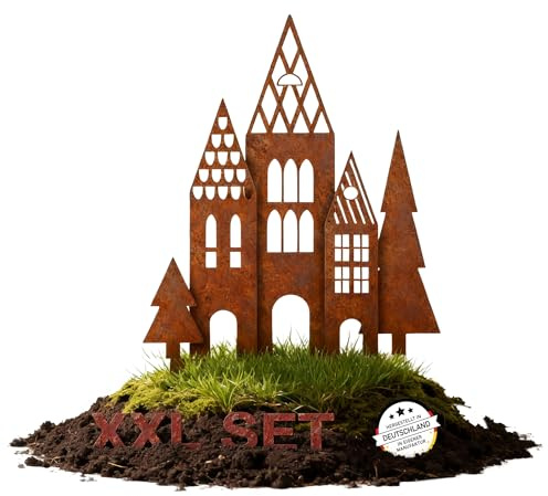 EXTRAVAGANT Gartenstecker Häuser-Set XXL, wetterfest, Edelrost, 5er-Set | Handgefertigt in Deutschland, Gartendekoration, dekorative Rostpatina, aus Metall, für Beet und Terrasse