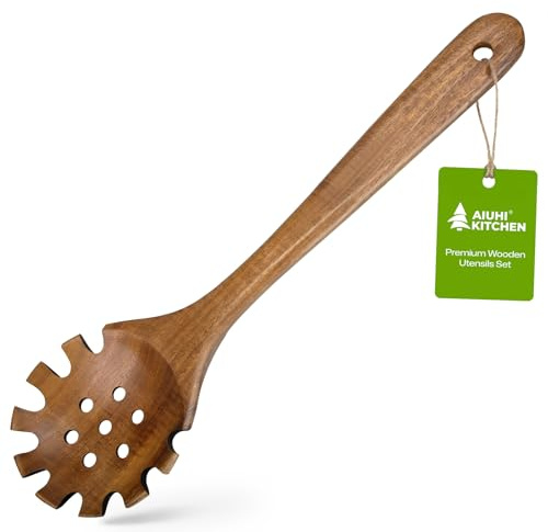 AIUHI Teak Wooden Pasta Spoon with Holes, 12.6 Slotted Strainer Spoon for Serving & Cooking, Heat-Resistant Nonstick-Safe Noodle Server