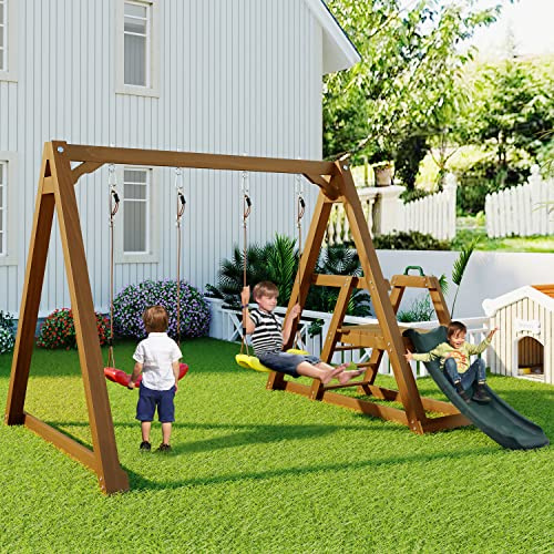 Gartenschaukel Holz Schaukel Outdoor Schaukel Kinder Doppelschaukel – Mit Rutsche & Kletterleiter, Robustes Schaukelgerüst 240x239 cm, Outdoor Spielgerät für Kinder