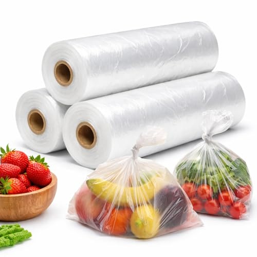 ECOSTAR Sacchetti per Alimenti in Plastica Trasparente, 33x50cm, 3 Rotoli da 3kg totali, per Conservazione Freschezza Cucina e Supermercati