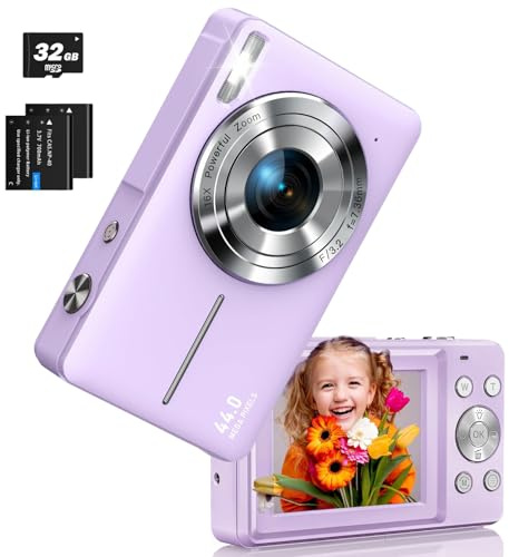 Fotocamera Digitale, FHD 1080P Autofocus 44MP Macchina Fotografica Bambino con Scheda 32GB, Zoom 16X, Anti-Shake, 2 batterie, Fotocamera Compatta per Bambini Adulti Principianti (Viola)