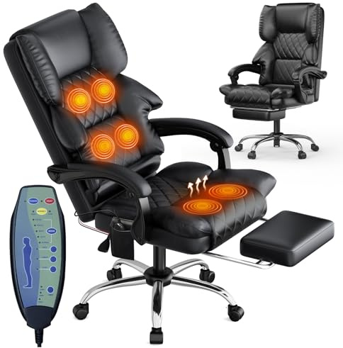 naspaluro Silla de Oficina ergonómica con función de Masaje, Asiento calefactado, reposapiés, Silla de Ordenador de Piel PU, Asiento y reposacabezas Acolchados, Negro