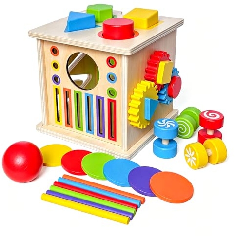 Goujfol Montessori Spielzeug Sortierspiel für Kinder, Farbe Form Sortierspiel Steckspiel, Feinmotorik Holzspielzeug, Holzwürfelspielzeug Geschenk für Mädchen Junge 3 4 5 Jahre