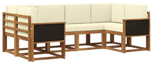 vidaXL Outdoor-Sofagarnitur 6 pcs Natur und Creme Massivholz Akazie, Akazienholz, modernes Gartensofa, Outdoor-Sitzgruppe, Gartenmöbel für die Veranda, wetterfest