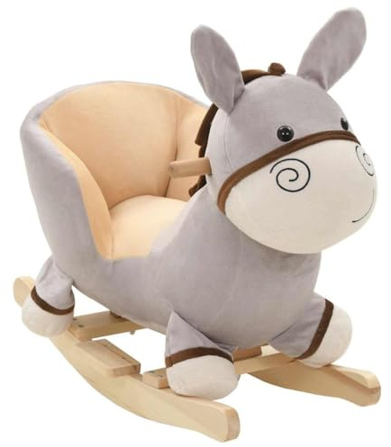 Runheo Schaukeltier Esel mit Rückenlehne Plüsch, graues Schaukelspielzeug aus Metallrahmen und Holzbasis, 60 x 32 x 55 cm, bis 25 kg, für Baby und Kleinkind im Kinderzimmer