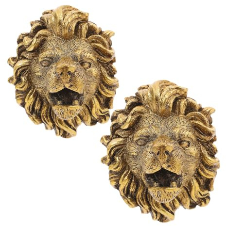Veemoon 2pcs Outdoor Wall Mounted Fountain Nozzle Heads in Resin with Artistic Lion Head Design, Easy Installation, Golden Colour for Garden and Patio Decorative Water Features