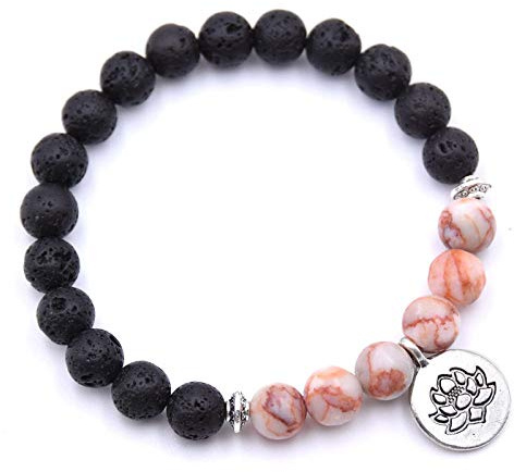 Generic Stein Armband,7 Chakra Vintage Natürliche Lava Mit Rosa Fossilen Stein Perlen Lotus Pendat Armreif Charm Schmuck Männer Frauen Freund