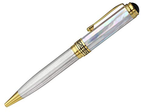 Xezo Maestro Twist Action Ballpoint Pen, Medium Point. Oceanic White Mother of Pearl with 925 Sterling Silver and 18 Karat Gold Plating. Handcrafted, Limited Edition, Serialized