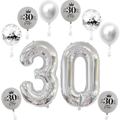 XL Folienballon 30 Geburtstag, Folienballon Zahl 30, Zahl 30 Silber, Luftballons Zahl 30, Nummer 30 Luftballon Silber, 32 Geburtstagsdeko Ballon 30