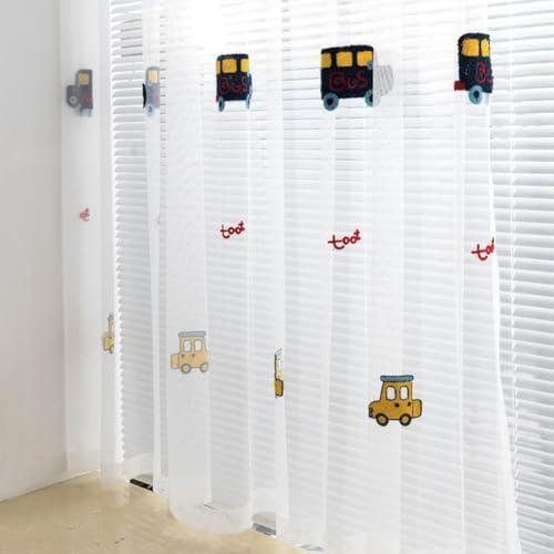 Transparent Vorhang Kinderzimmer Jungen Ösen mit Auto Stickerei Muster | Gardinen Jungendzimmer Junge Durchsichtig Kindergardinen Kindervorhang Ösenvorhang Babyzimmer 2er Pack 140x225