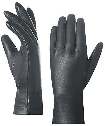 Harssidanzar Handschuhe Damen Leder,Damen Italienische Lammfell Lederhandschuhe Kaschmir Gefüttert GL006,Grau,Größe XL