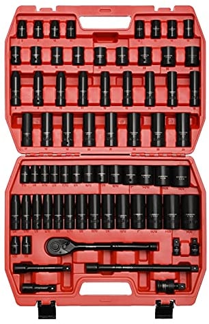 CASOMAN 1/2-inch 70 Pieces Impact Socket Master Set, SAE & Metric from 5/16-1-1/4,8-24mm, Shallow/Deep Socket with Ratched Hand, Extension Bar and Adapters