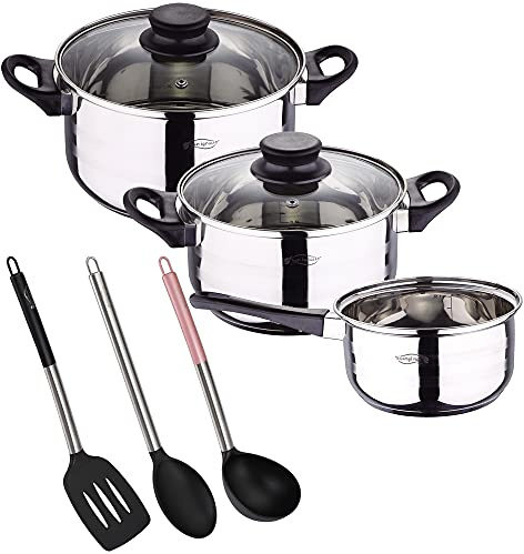 Bateria de cocina 5 piezas San Ignacio de acero inoxidable con set de 3 utensilios de cocina en nylon