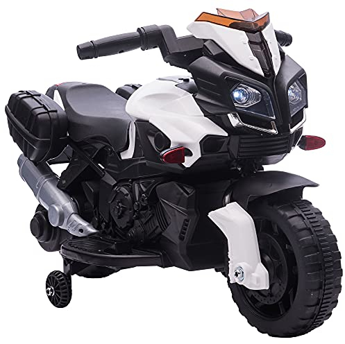 HOMCOM Elektromotorrad Kinderelektroauto Elektro-Kindermotorrad Kinderfahrzeug 6V LED-Licht simuliertes Motorgeräusch Metall+PP Schwarz+Weiß 88,5X 42,5x49 cm