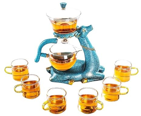 RORA Lazy Kungfu - Juego de té de cristal semiautomático giratorio por goteo con infusor de vidrio (juego de té de ciervo azul + 6 tazas)