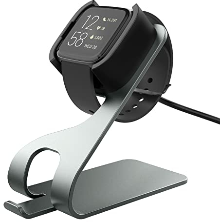 MoKo Ladestation Kompatibel mit Fitbit Versa 2/Versa 2 SE, Aluminum Ladegerät Ladeständer Halterung mit 150cm USB Ladekabel, Grau