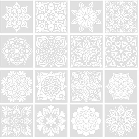 16 PCS Mandala Stencil Art Set, 6x6 in Crafts Tile Stencils, Reusable Laser Cut Painting Template Painting Stencil for Art and Stone Rock Home Painting Airbrush Furniture Floor Tiles Walls