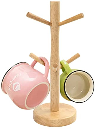 XFLYP Albero Porta Tazze in Legno, Porta Tazza Verticale per Riporre Tazze, da Tè, Caffè, Tazze, con 6 Ganci per Appendere e Base Ponderata, Adatto per Cucina, Ristorante, Bar