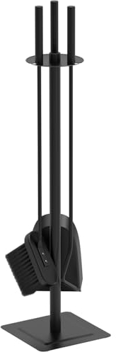 VOUNOT Kaminbesteck, 4-teilige Kamingarnitur Set mit Schaufel, Besen, Schürhaken & Halter, Schmiedeeisen Kaminwerkzeug Kaminzubehör Ofenbesteck, Schwarz