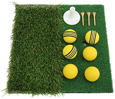 SPYMINNPOO Golf Hitting Mat, Artificial Grass & EVA Pad with 6 Golf Balls & Tee, Yellow, 30cm x 30cm (11.8in x 11.8in), Portable, Non-Slip Base